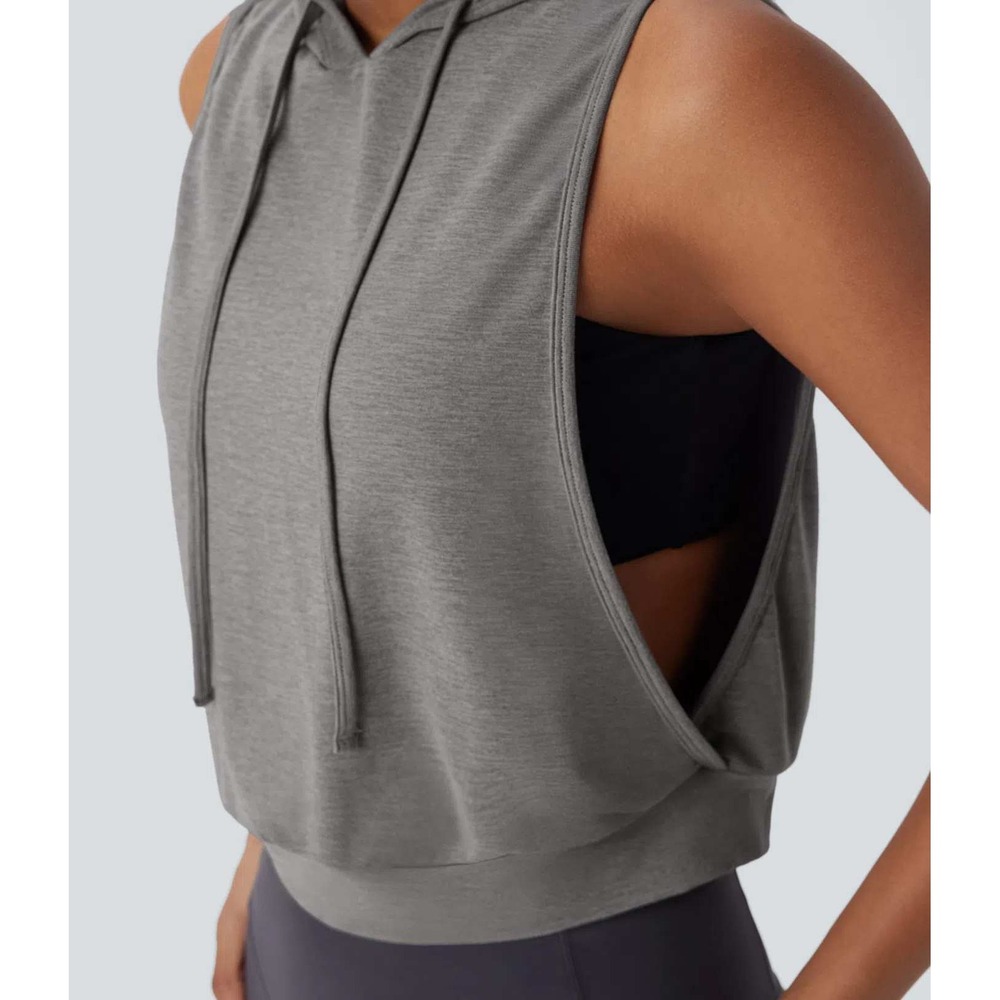 Halara Hooded Drawstring Sleeveless Cropped Tank Top Size M Deep Side Cutout Gym